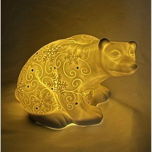 Holiday Bear White Lighted Christmas 9” L, 6”H Snow  Snowflake Pattern Ceramic